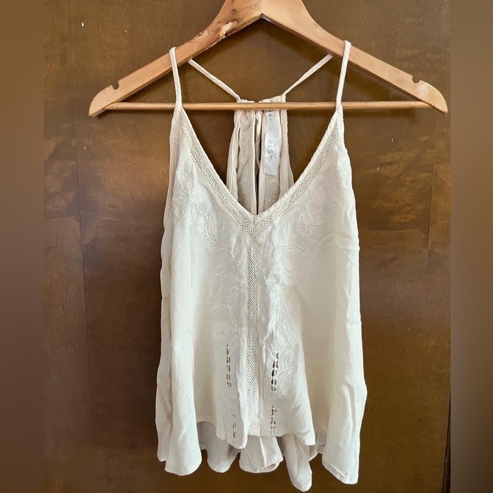 ASTR the Label Cream Colored Embroidered Tie Back Tassel Tank